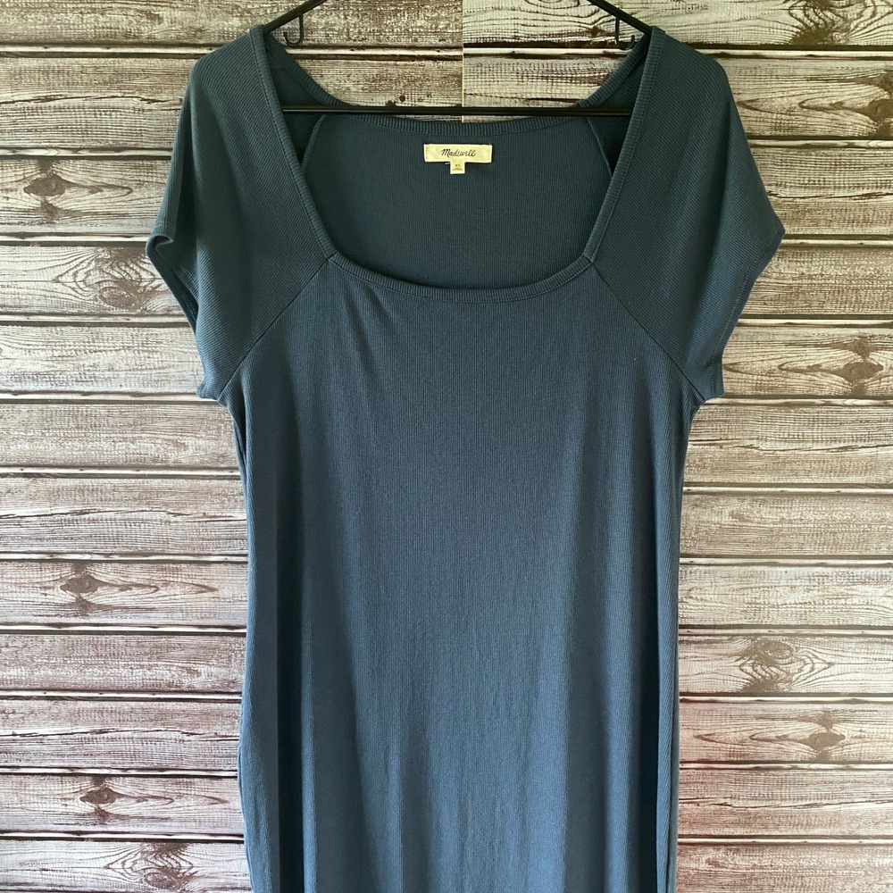 Madewell Women's Short-Sleeved Midi Dress Size XL Slate-Blue Ribbed Stretch